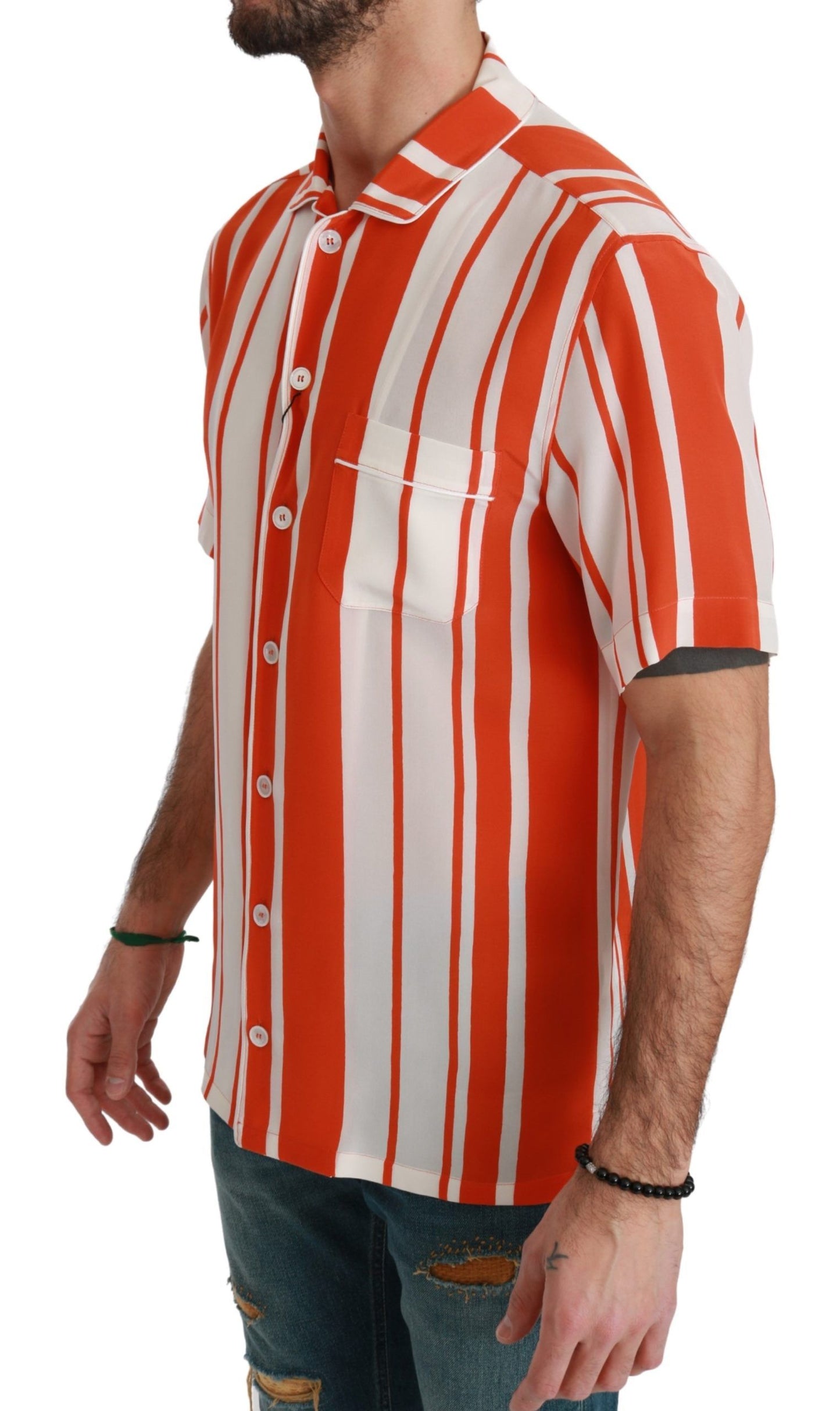 Elegant Striped Silk Shirt - White & Orange