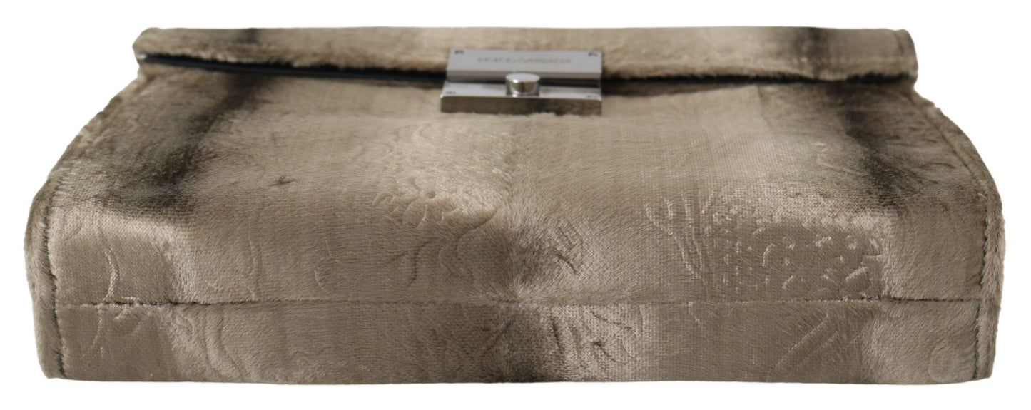 Beige Velvet Croco-Print Leather Briefcase Clutch