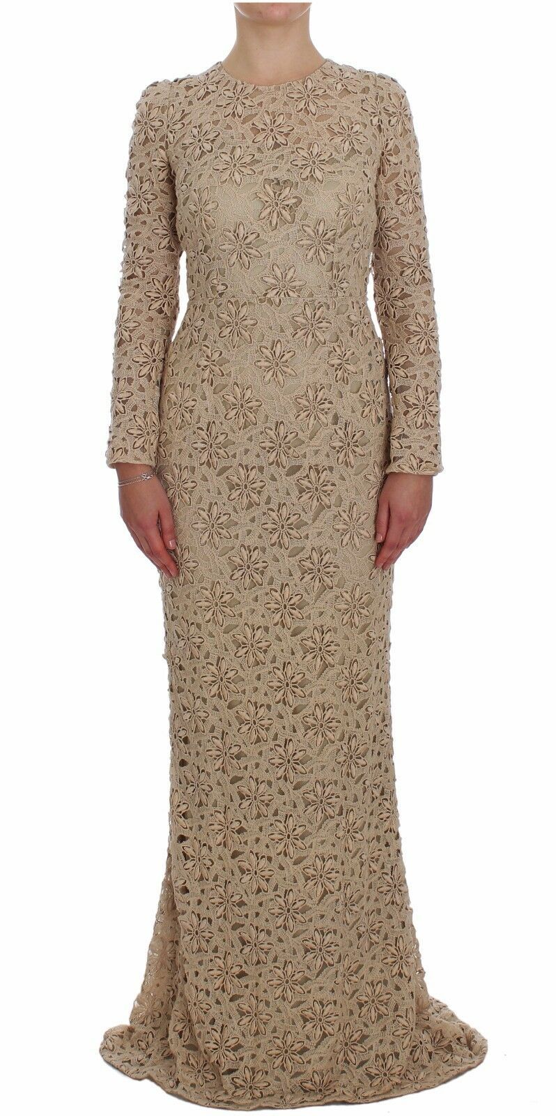 Beige Floral Lace Long Sleeve Maxi Dress