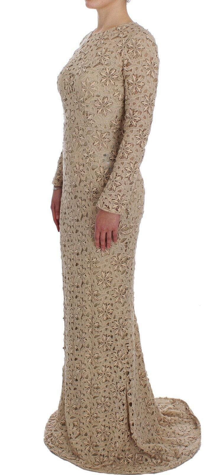 Beige Floral Lace Long Sleeve Maxi Dress