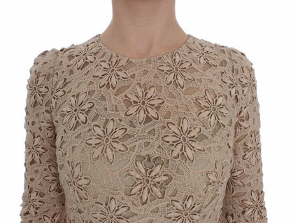 Beige Floral Lace Long Sleeve Maxi Dress