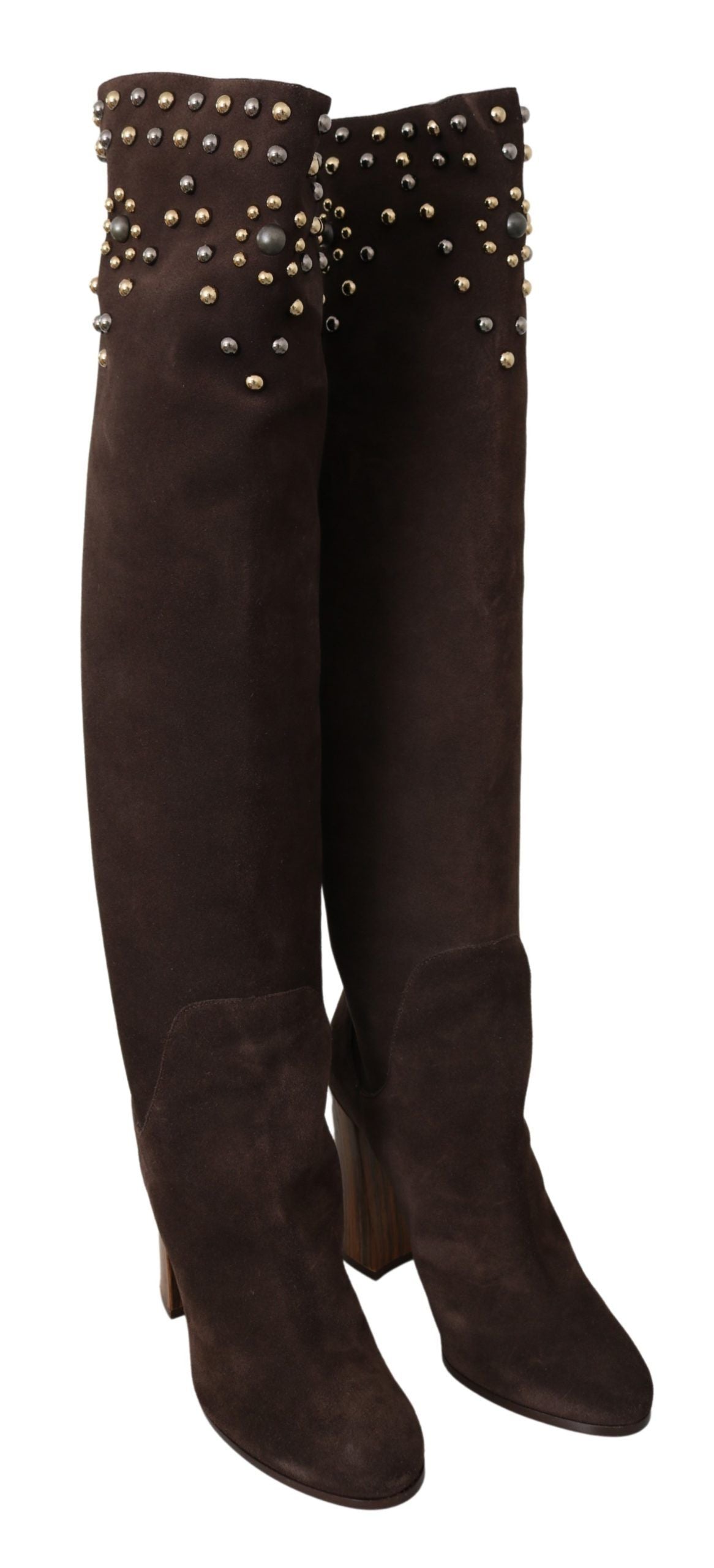 Studded Suede Knee High Boots in Brown