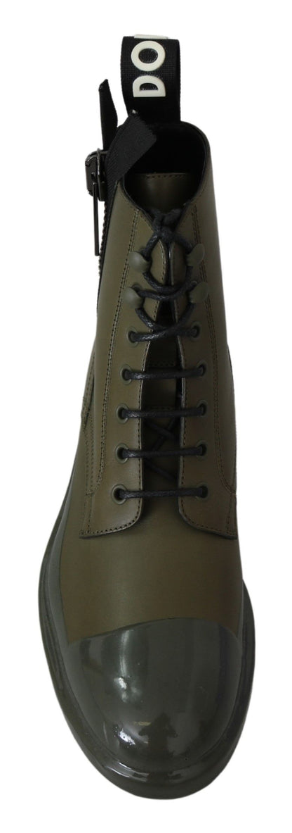 Chic Military Green Leather Ankle Boots