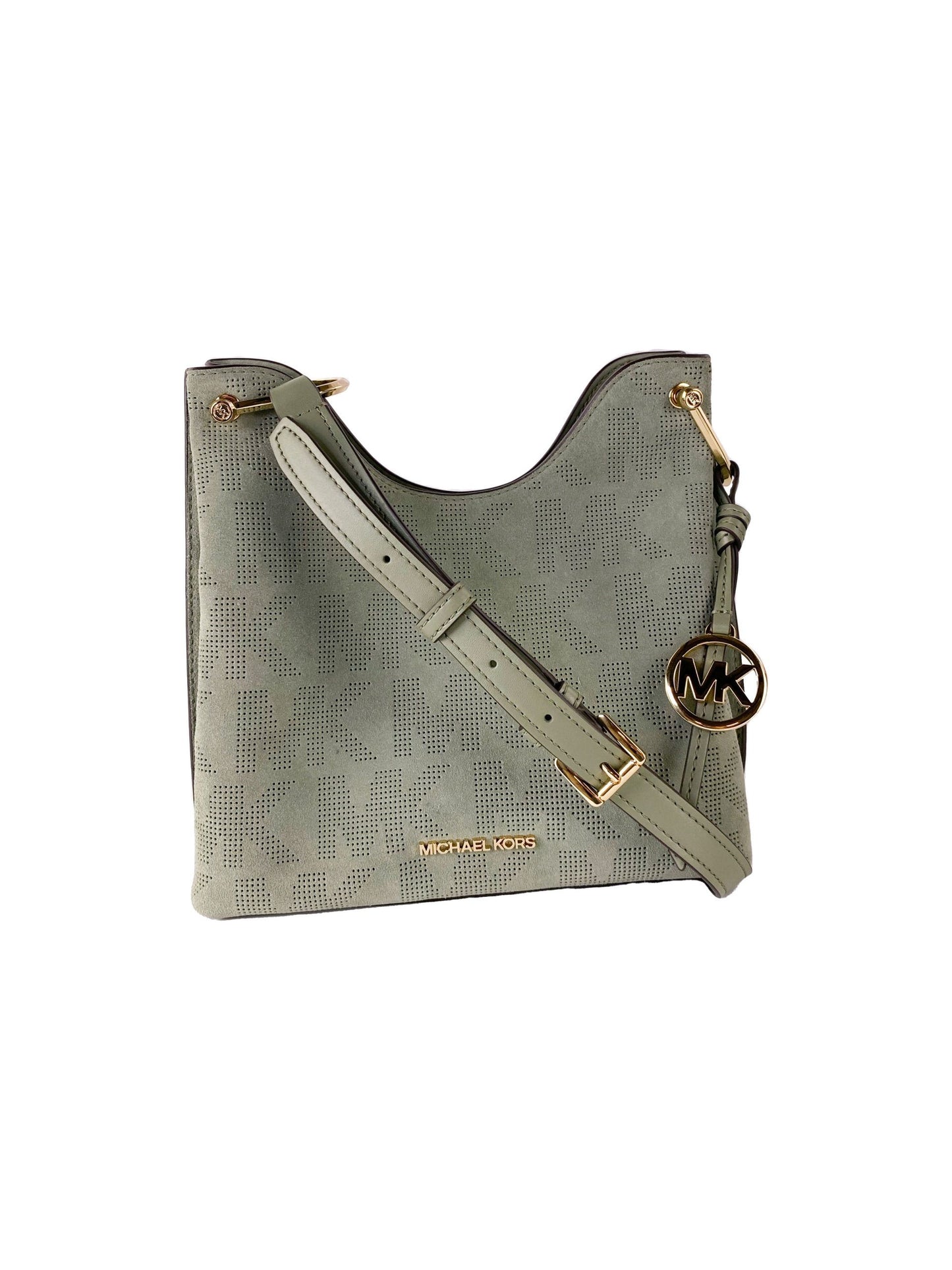 Joan Large Perforated Suede Leather Slouchy Messenger Handbag (Army Green)