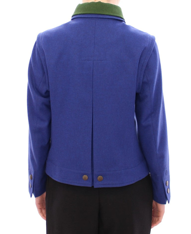 Elegant Blue Wool Jacket with Removable Collar