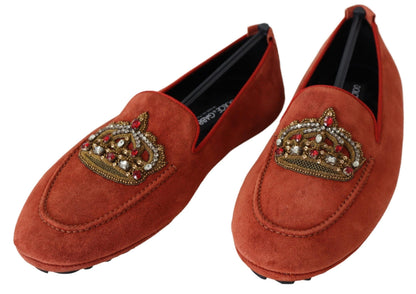 Opulent Orange Leather Loafers with Gold Embroidery