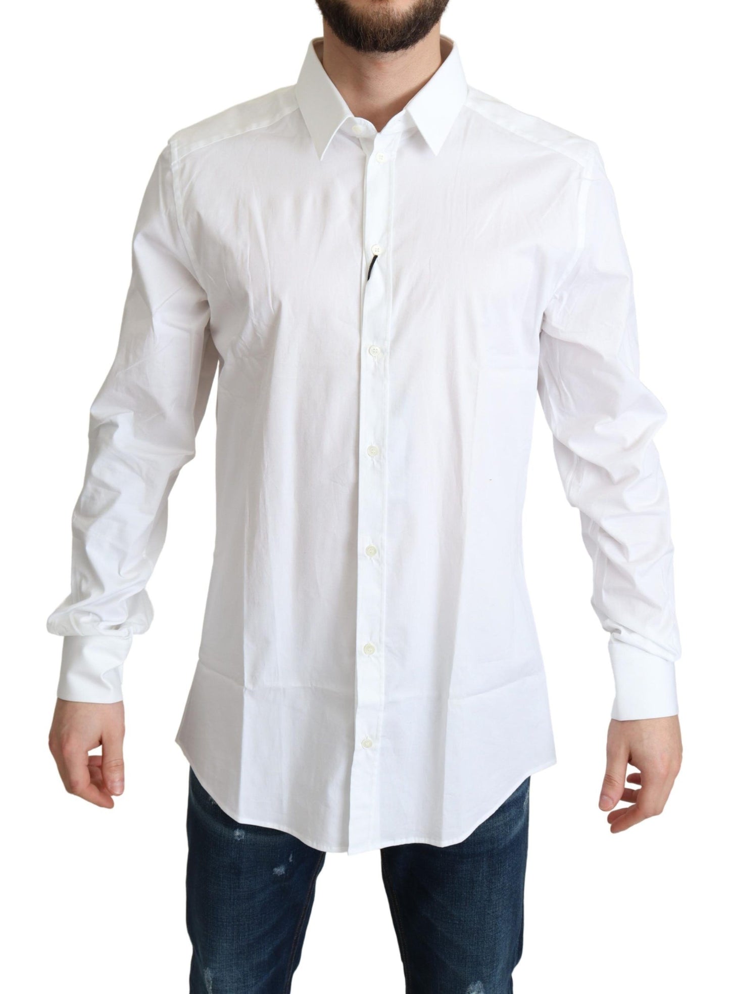 Elegant White Cotton Stretch Dress Shirt