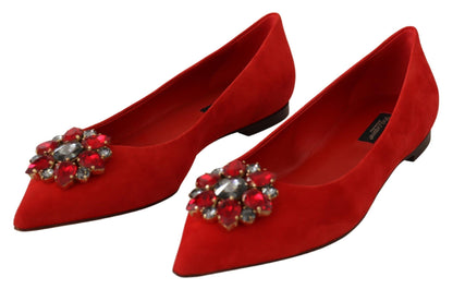 Crystal Embellished Red Suede Flats