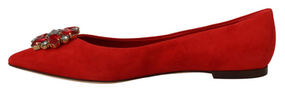 Crystal Embellished Red Suede Flats