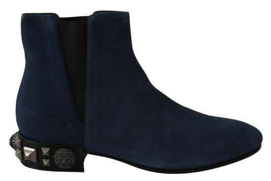 Chic Blue Suede Mid-Calf Boots with Stud Details