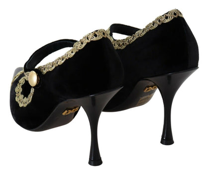 Elegant Gold-Embroidered Black Velvet Pumps