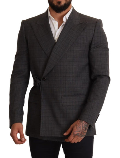 Chic Gray Check Martini Slim Fit Double-Breasted Blazer