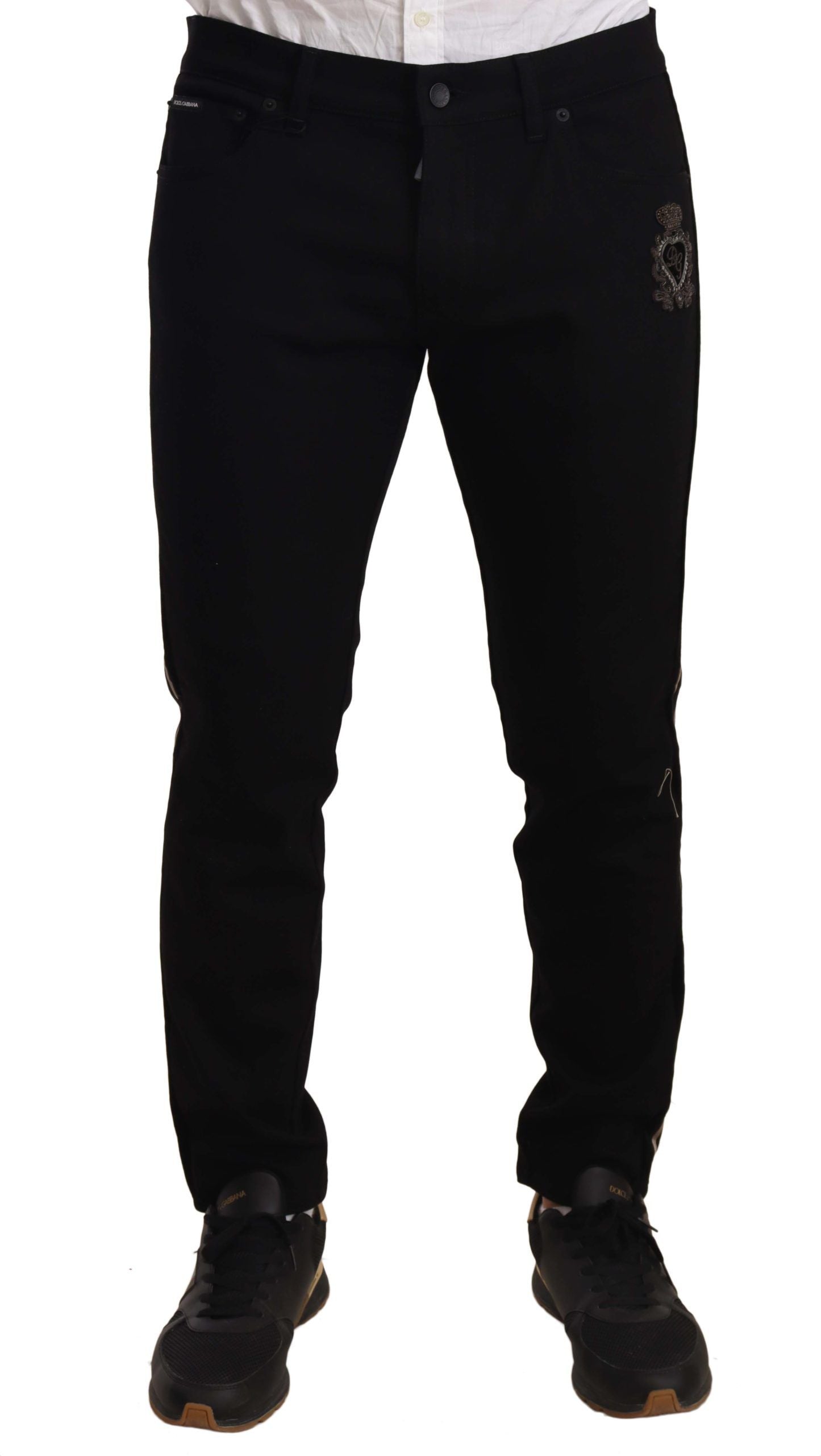 Heraldic Embroidered Slim Fit Black Jeans