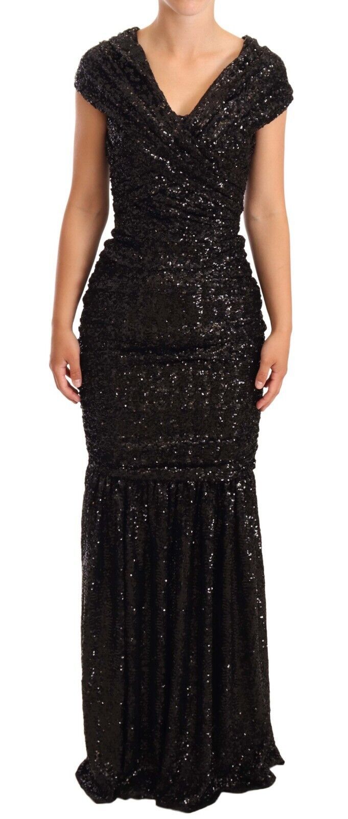 Elegant Black Sequined Open Shoulder Gown