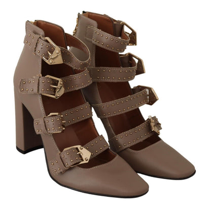 Elegant Leather Multi-Buckle Heels in Brown