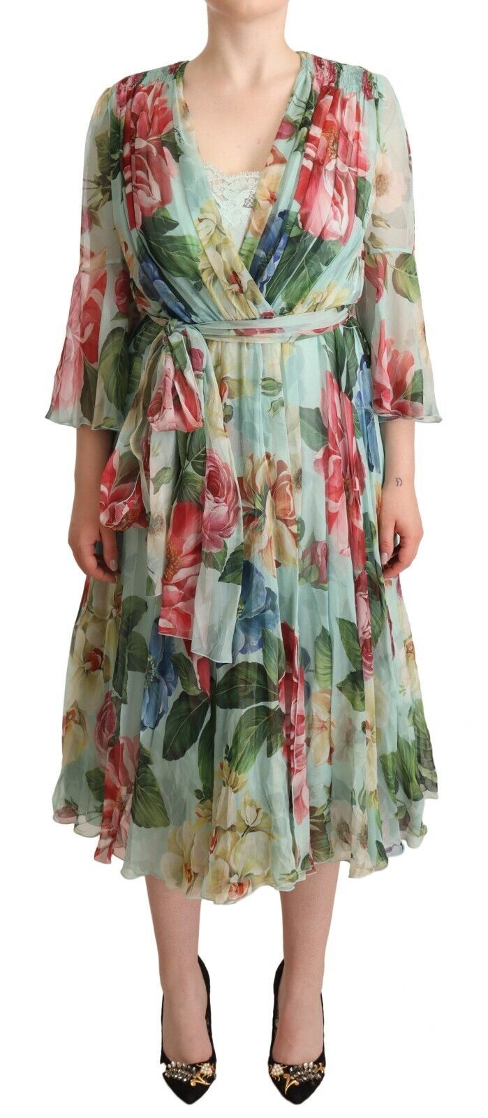 Elegant Floral Green Midi Silk Dress