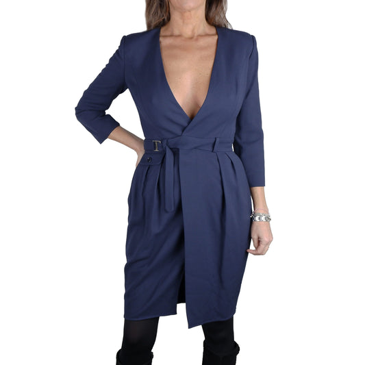 Elegant V-Neck Belted Dress in Blue