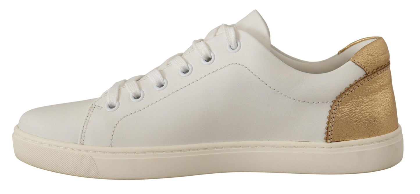 Elegant White Leather Sneakers with Gold Accents