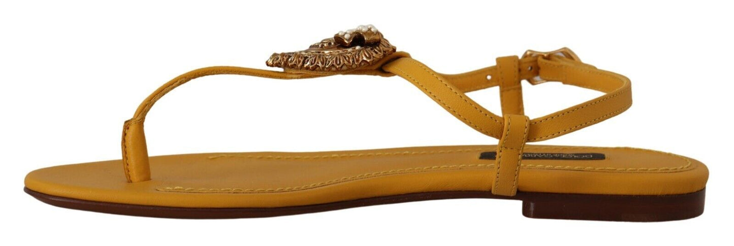 Mustard T-Strap Flat Sandals with Heart Embellishment