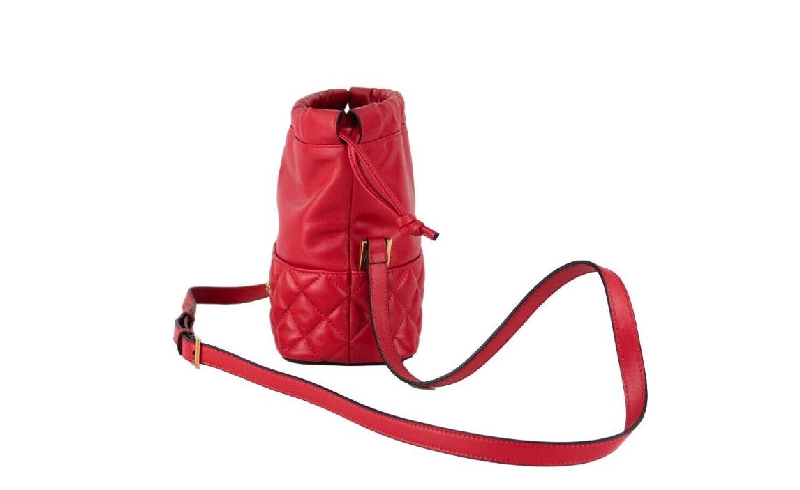 Red Quilted Leather Drawstring Shoulder Bag Bucket Crossbody Handbag