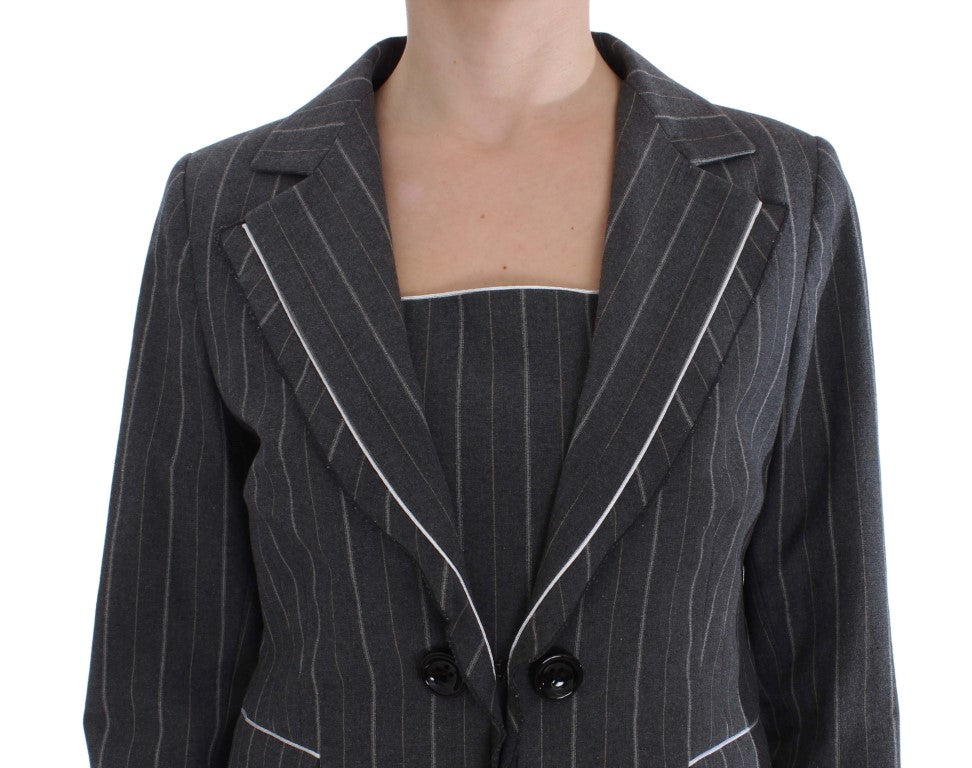 Elegant Gray Striped Dress & Blazer Suit Set