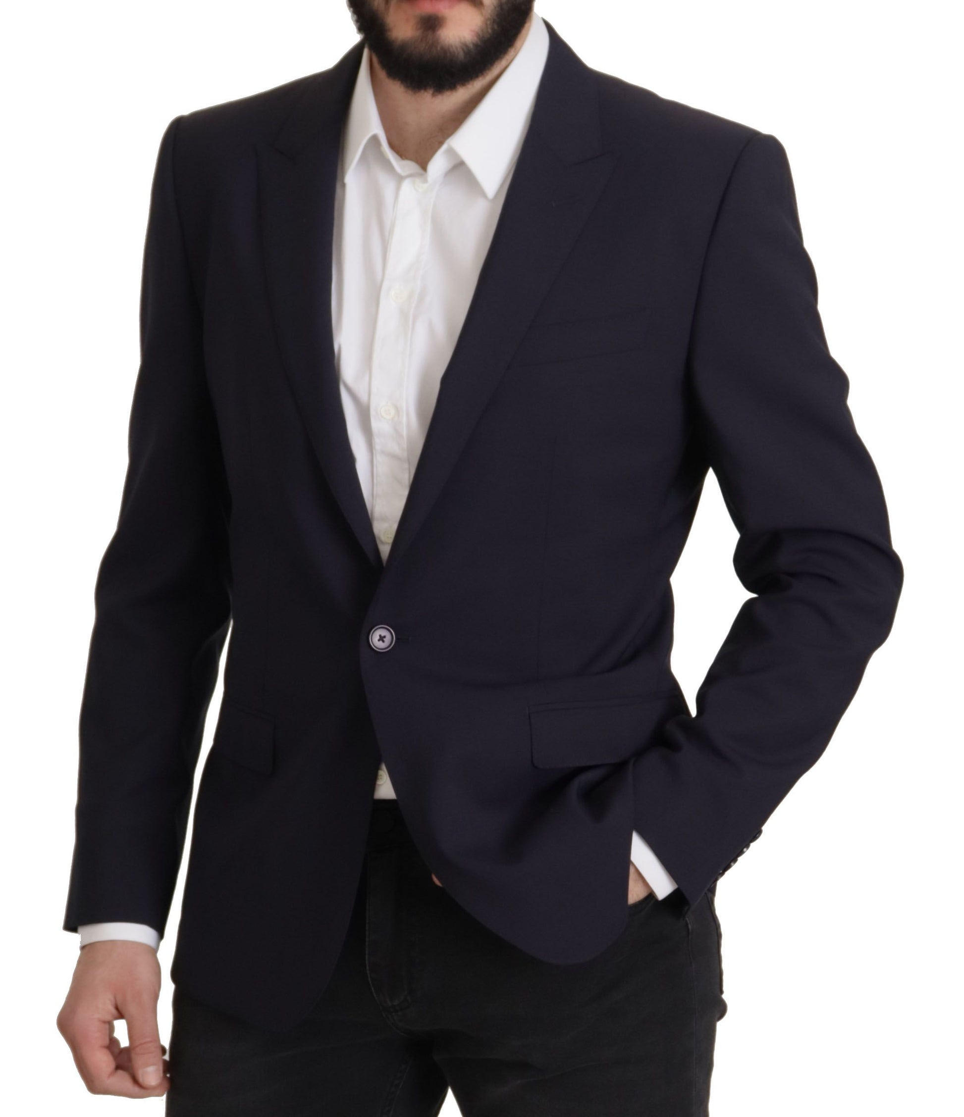 Elegant Navy Wool Blend Slim Blazer