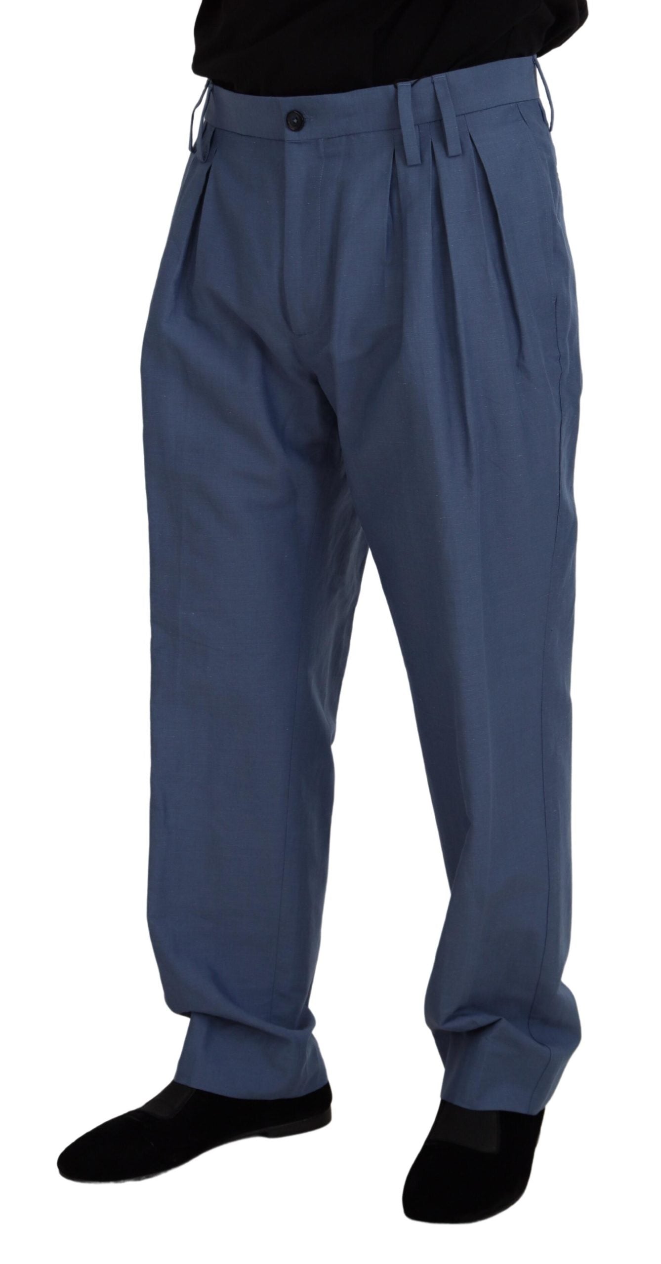 Elegant Blue Linen-Cotton Blend Trousers