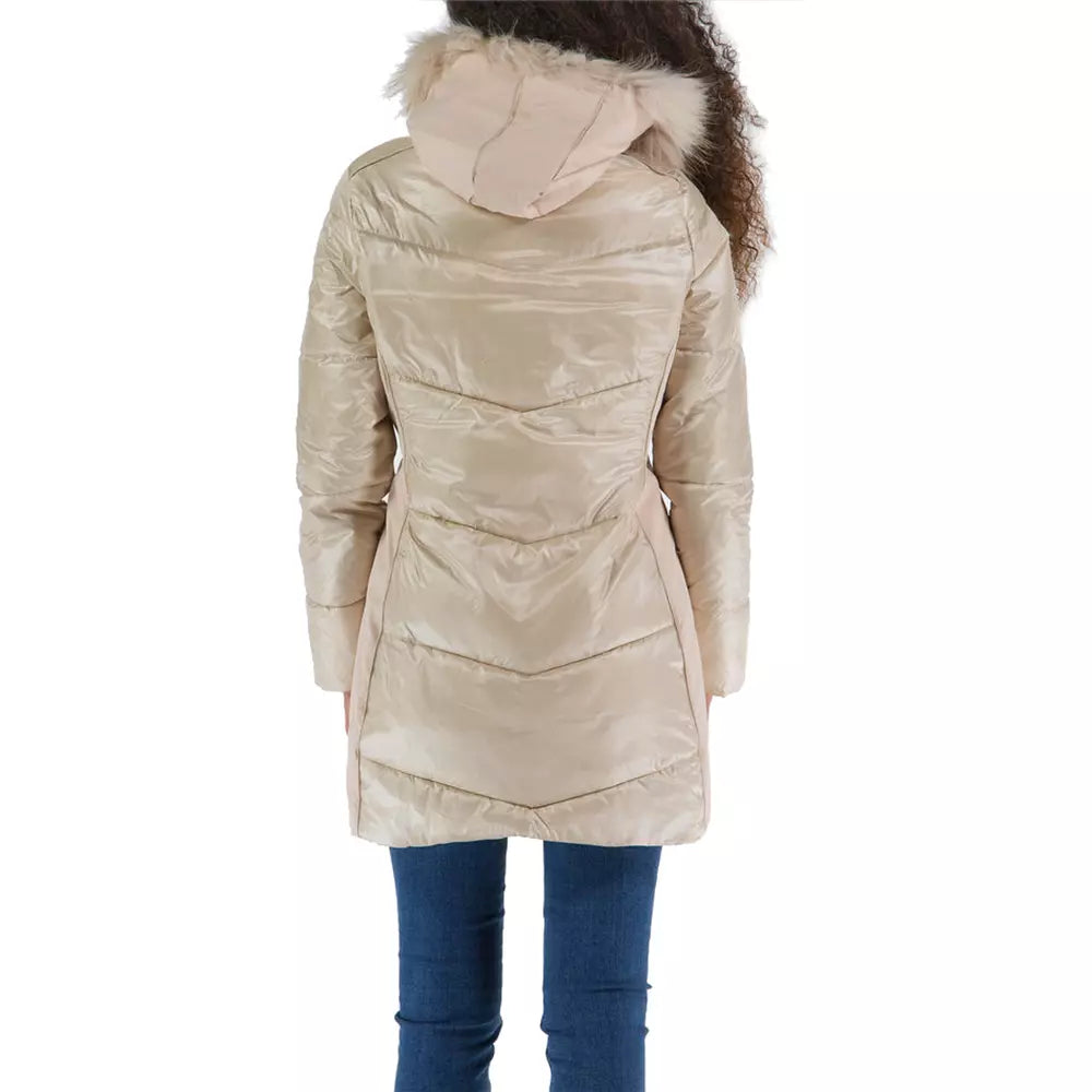 Elegant Beige Padded Jacket with Fur Hood