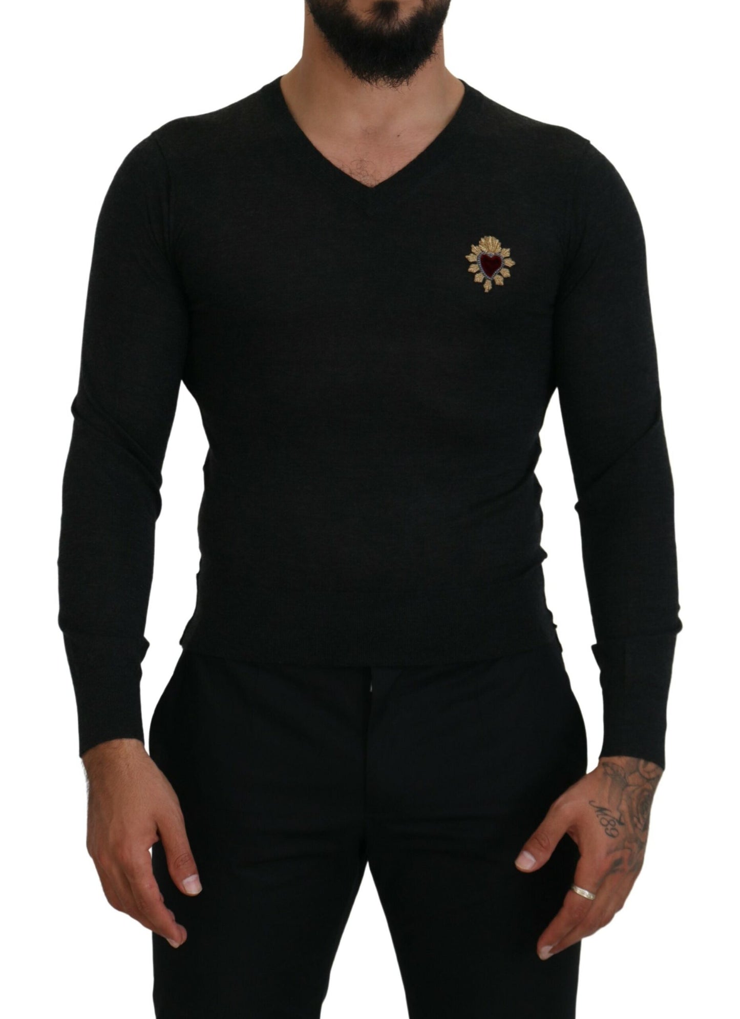 V-Neck Cashmere Sweater with Heart Embroidery