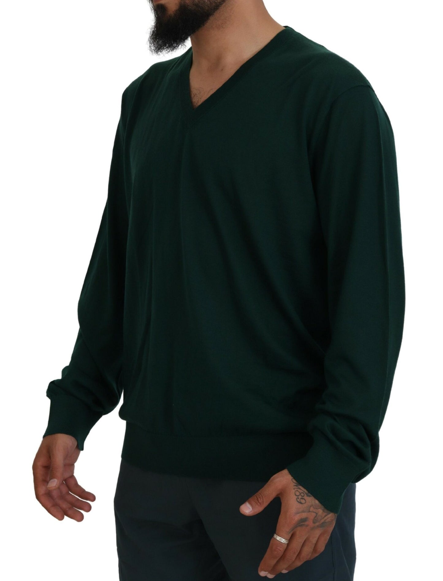 Elegant Green V-Neck Cashmere Sweater