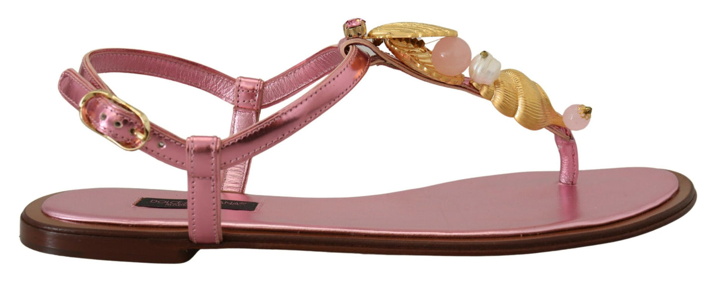 Chic Pink Leather Sandals with Exquisite Embellishment