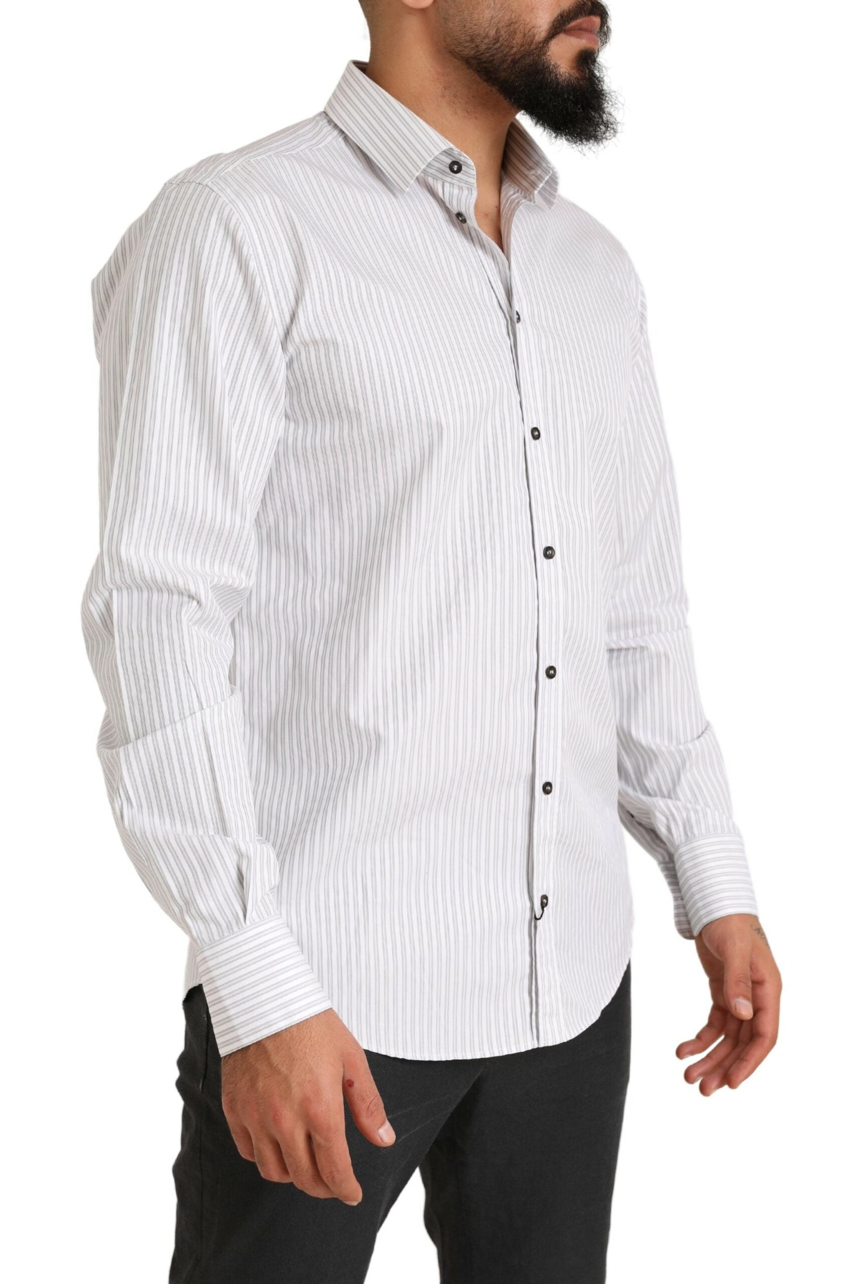 Elegant White Striped Cotton Dress Shirt