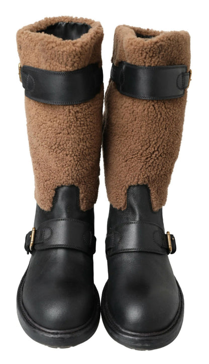 Black Shearling Leather Long Boots