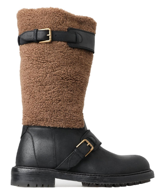 Black Shearling Leather Long Boots