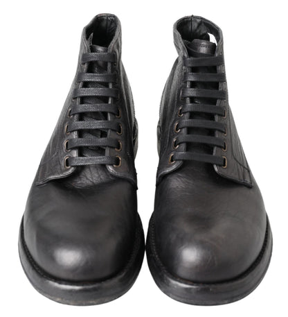 Equisite Black Lace-Up Leather Boots