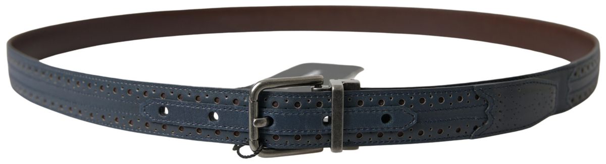 Elegant Blue Leather Belt with Metal Buckle