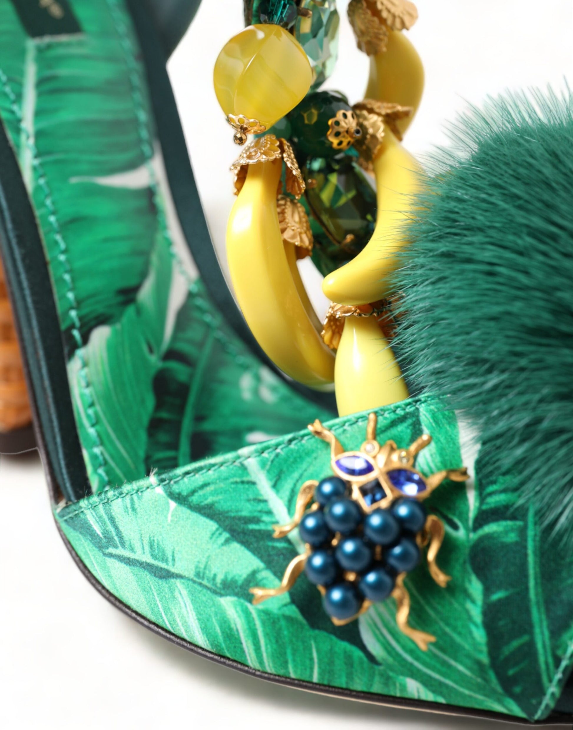 Green Crystal Mink Fur T-Strap Sandals