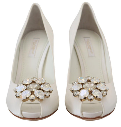 Crystal-Embellished White Peep Toe Heels