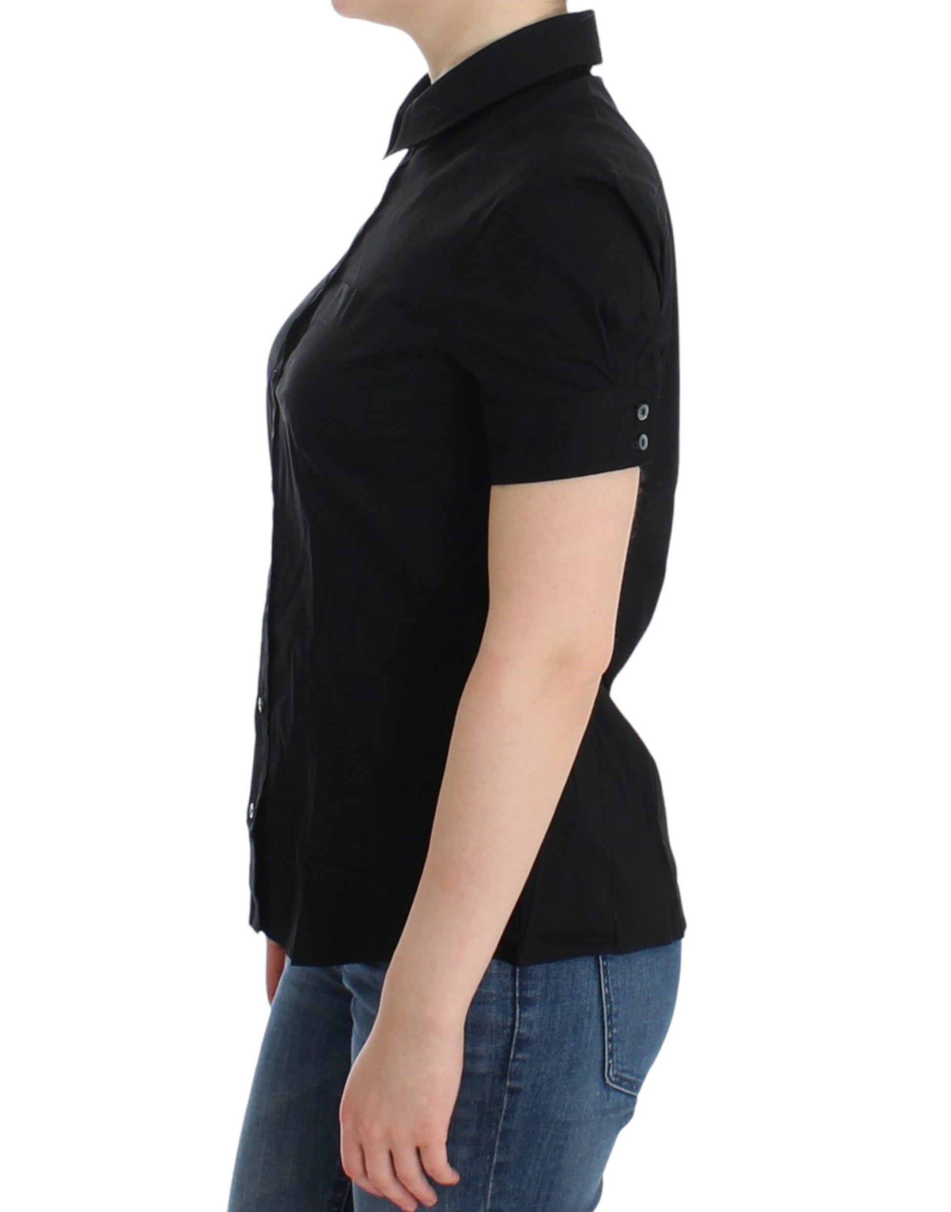 Elegant Black Cotton Stretch Shortsleeve Blouse