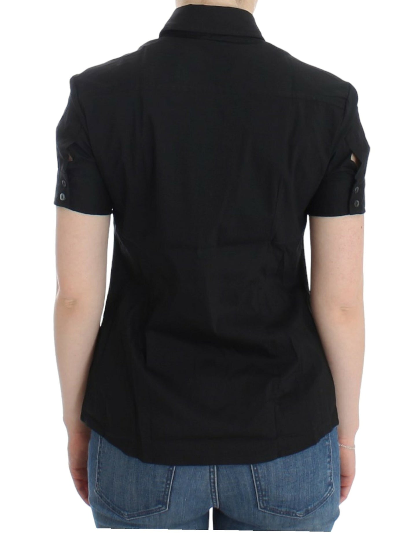 Elegant Black Cotton Stretch Shortsleeve Blouse