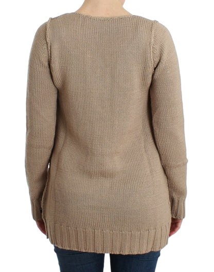 Elegant Beige Knitted Crew Neck Sweater