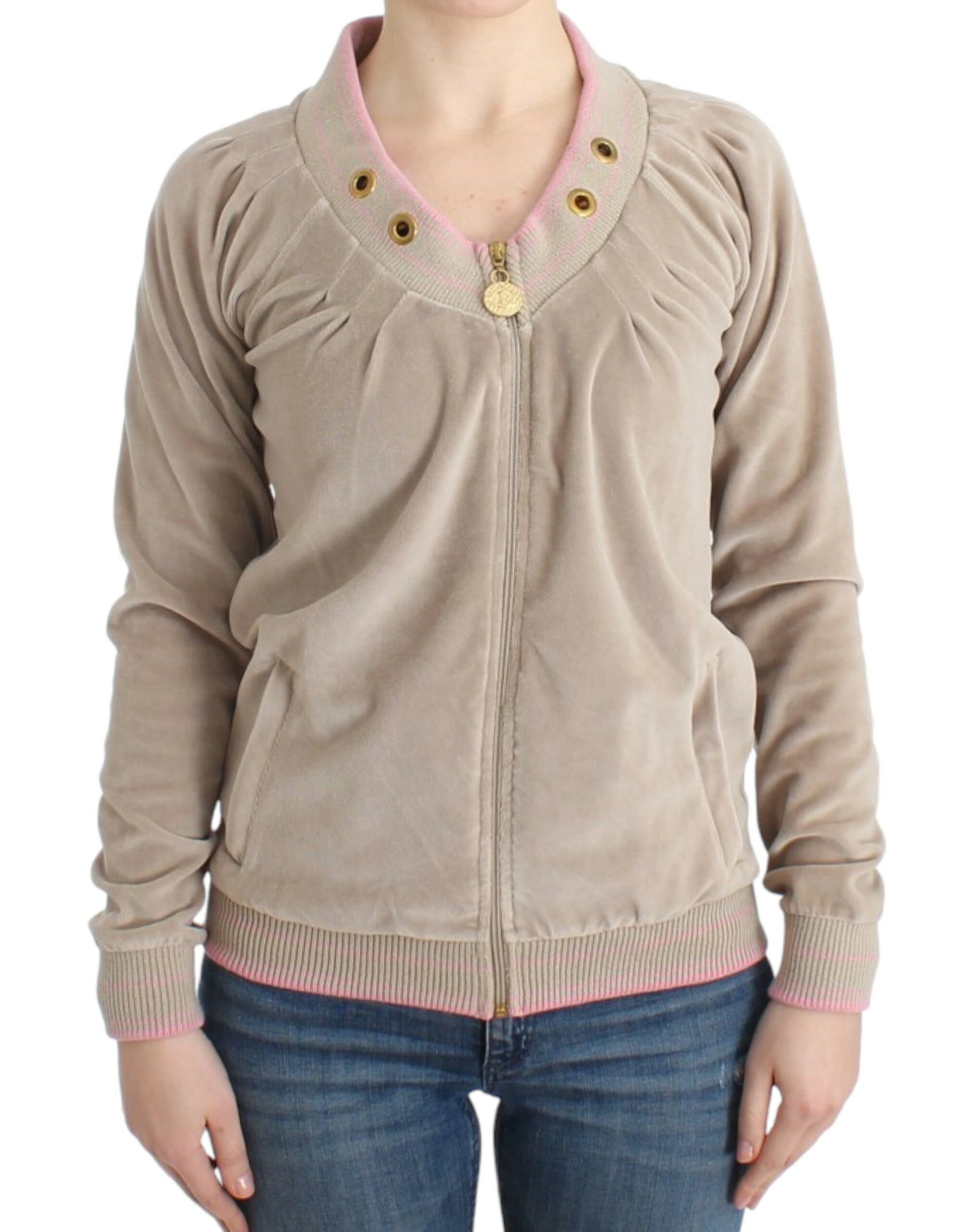 Beige Zip Cardigan with Gold Tone Accents