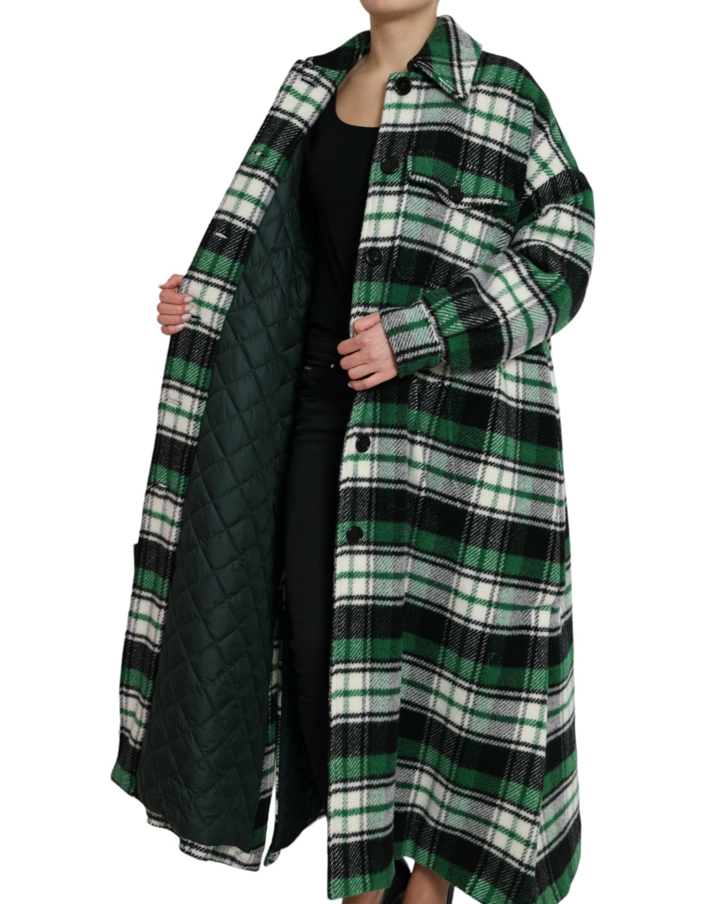 Elegant Green Plaid Long Coat