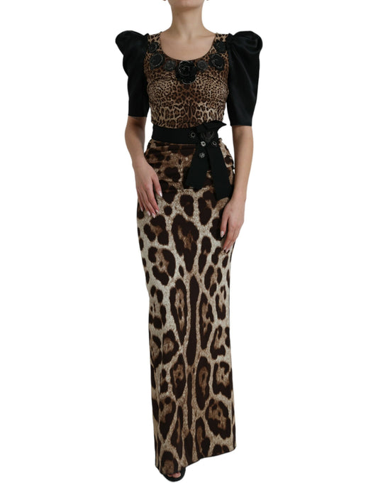 Silk Leopard Embellished Long Dress