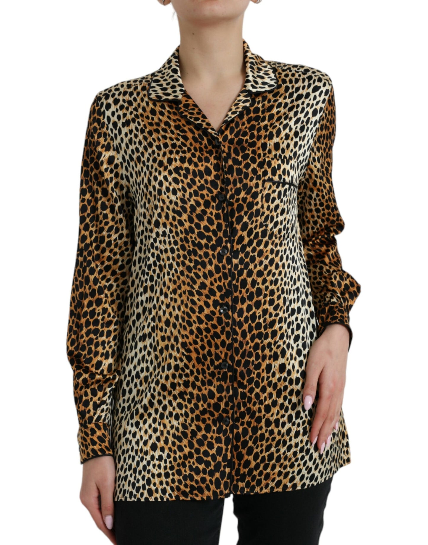 Elegant Brown Animal Print Silk Blouse