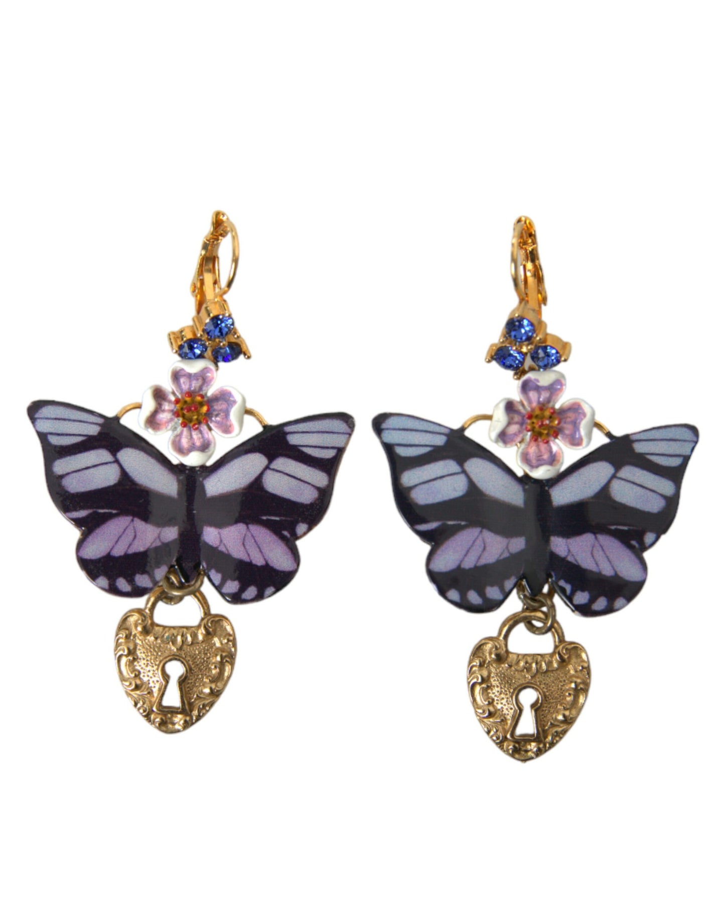 Gold Purple Crystal Butterfly Heart Locket Earrings