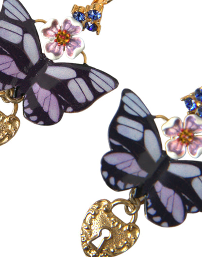 Gold Purple Crystal Butterfly Heart Locket Earrings