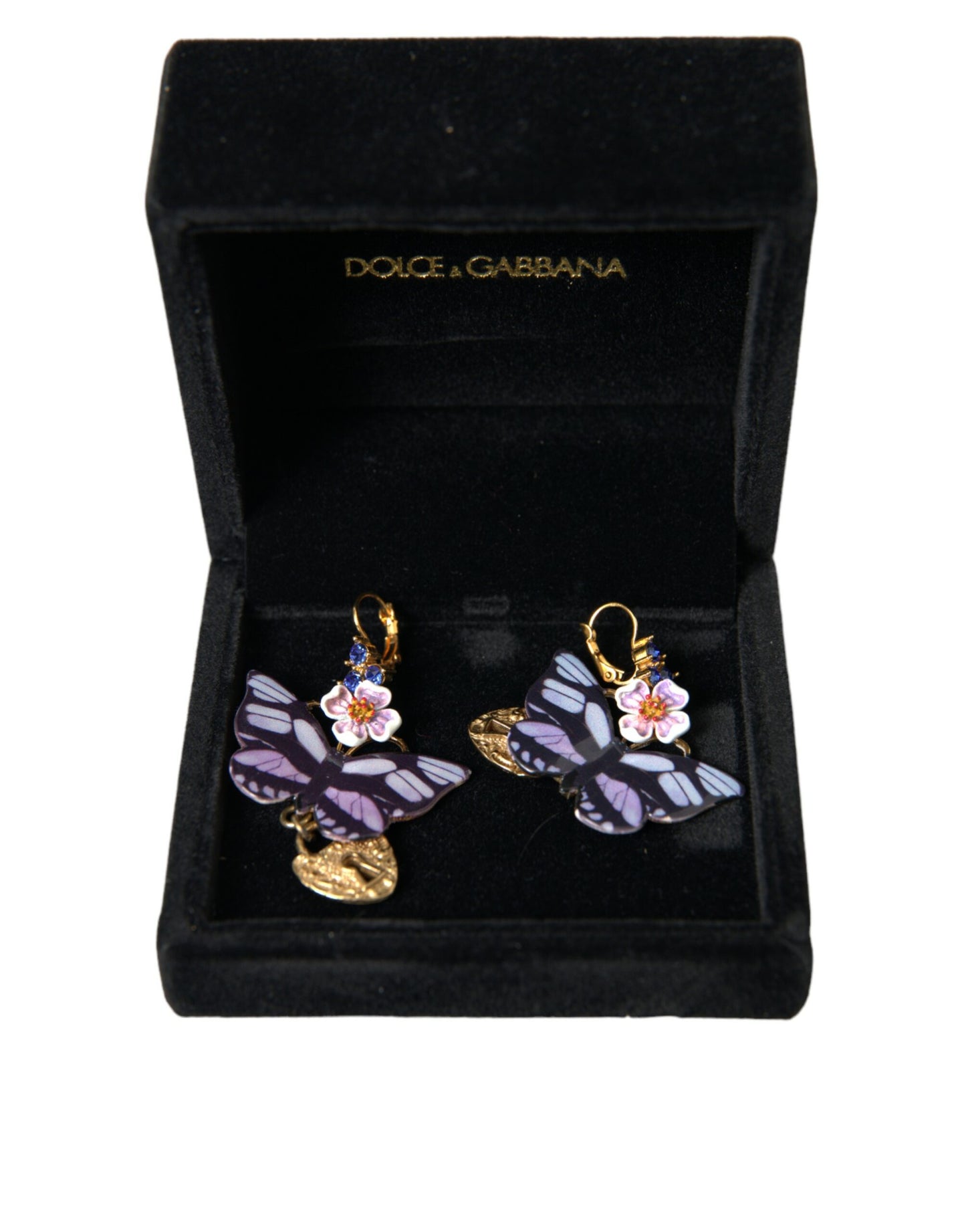 Gold Purple Crystal Butterfly Heart Locket Earrings