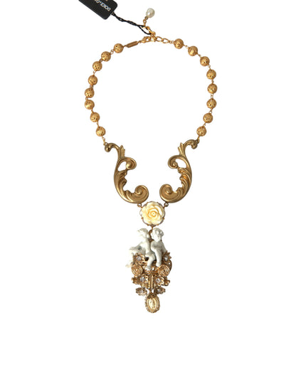 Gold Brass Angel Floral Beaded Embellished Necklace