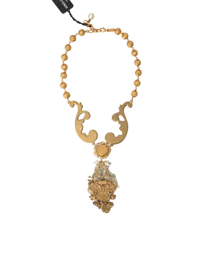 Gold Brass Angel Floral Beaded Embellished Necklace